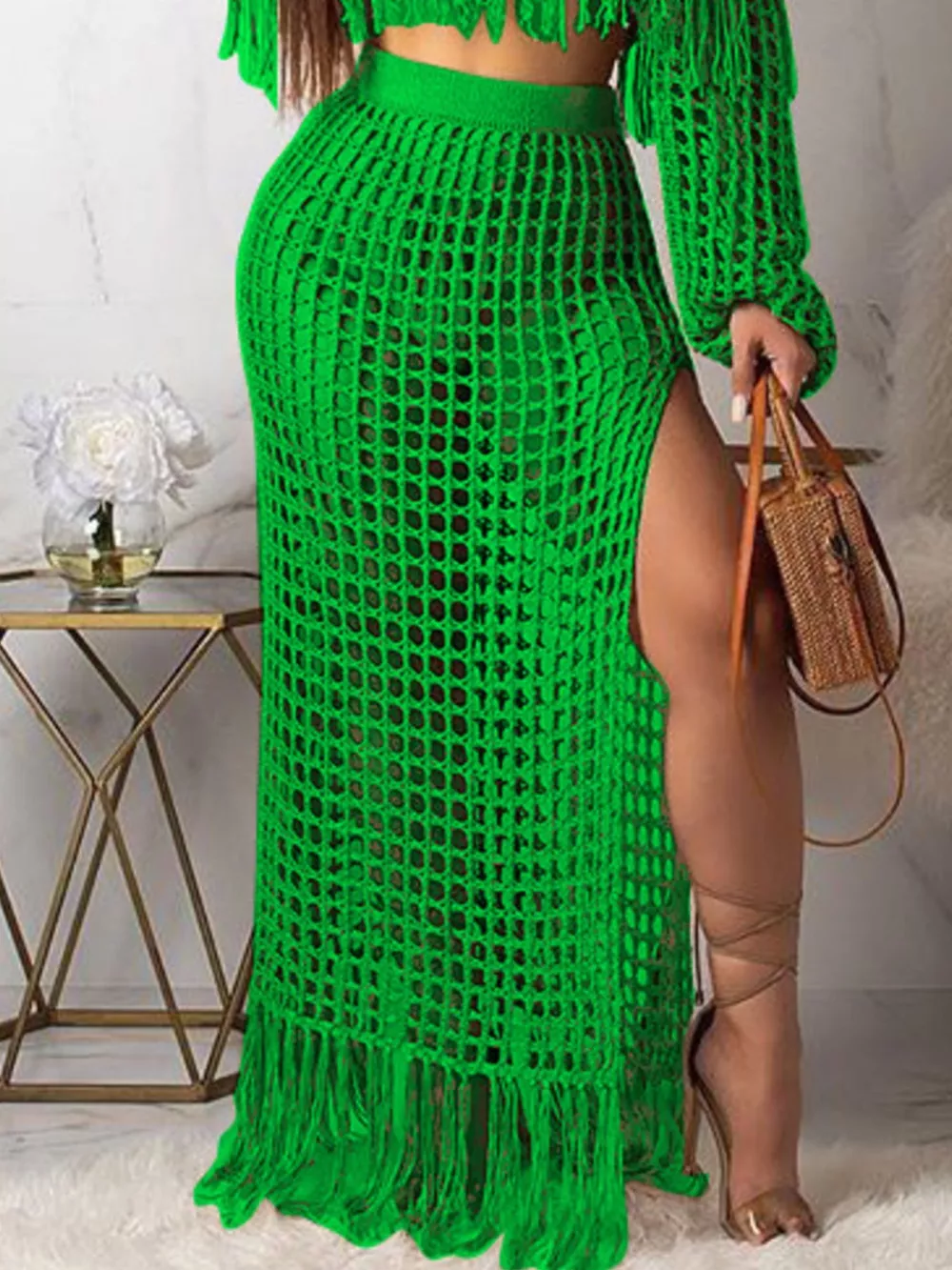 Full Size Crochet Off-Shoulder Fringe Top and Skirt Set Plus Size, image 18