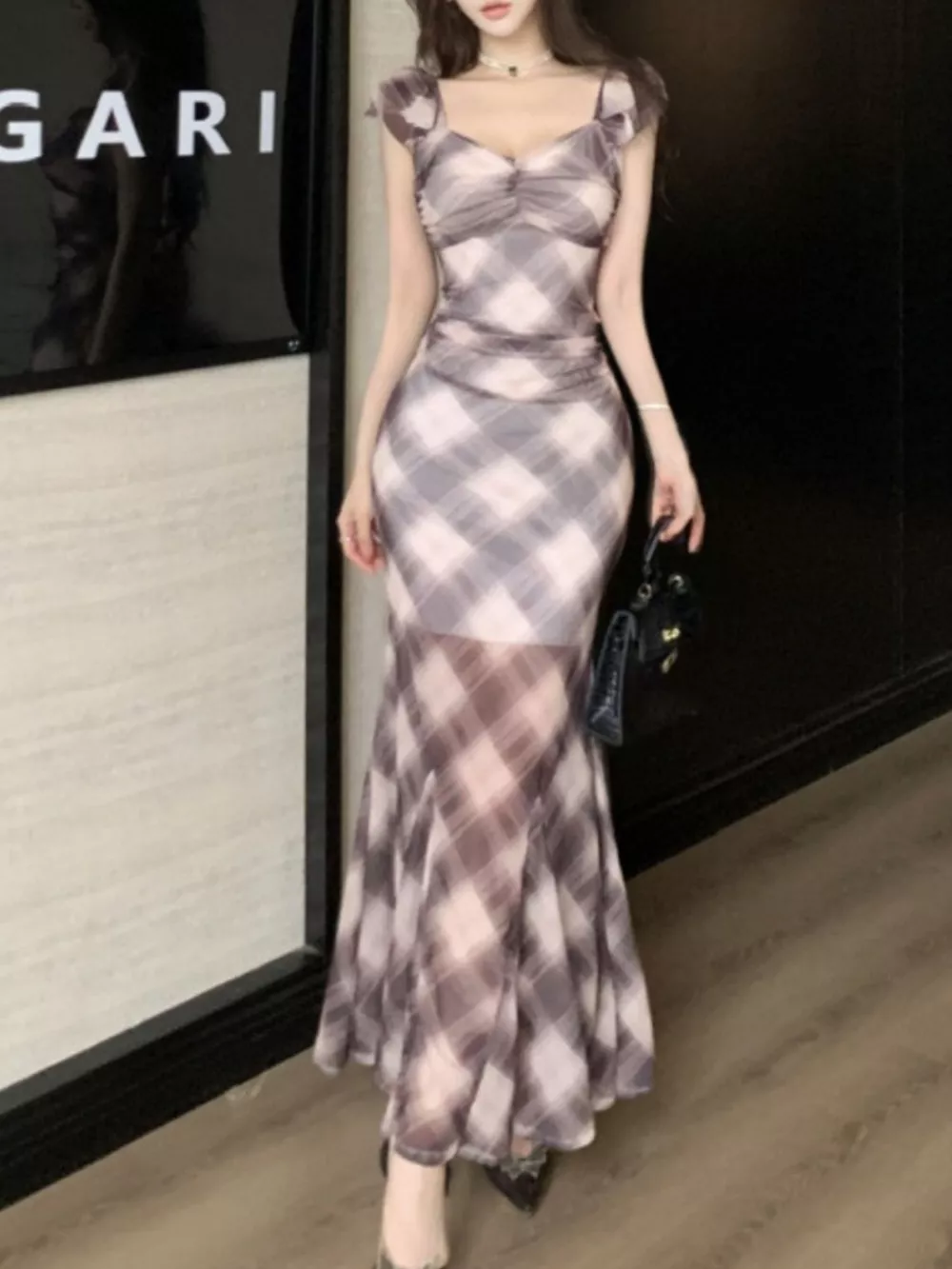 Plaid Ruffle Cap Sleeve Bodycon Maxi Dress, image 6