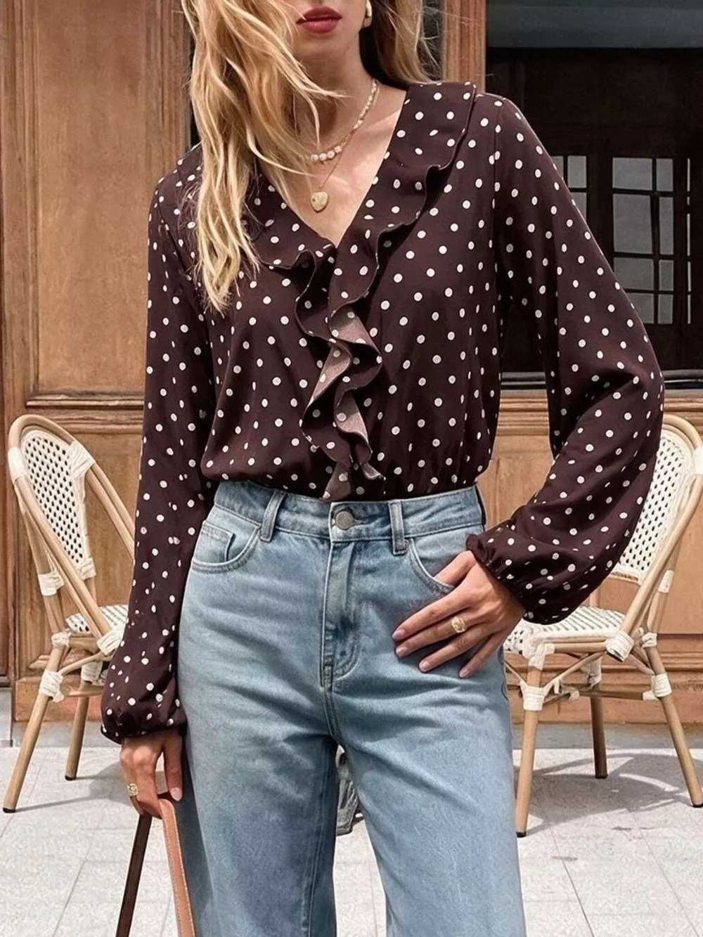 Polka Dot Ruffled V-Neck Bodysuit, image 7