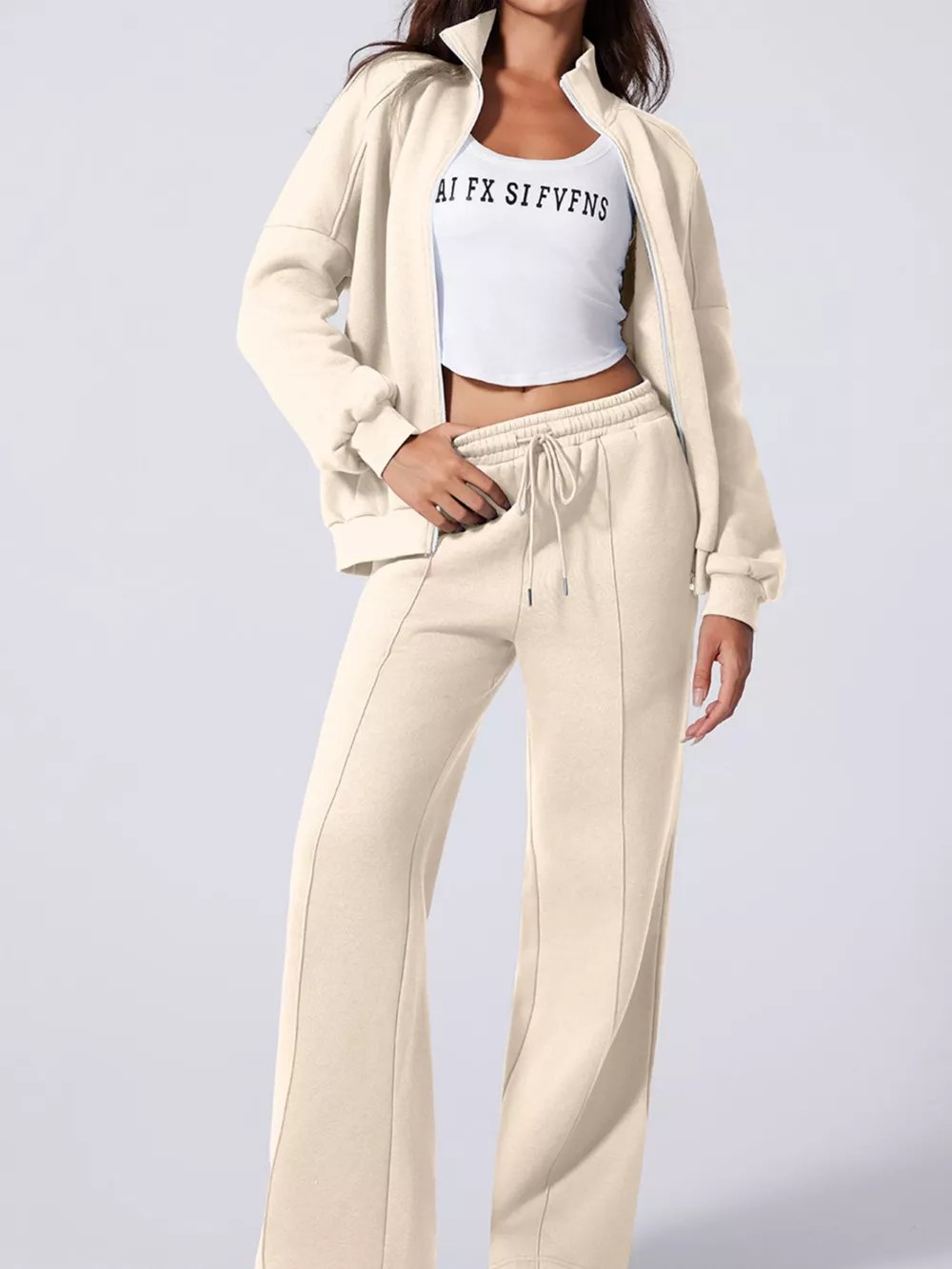 Drop Shoulder Zip Up Jacket and Drawstring Pants Active 2pcs Set, image 9