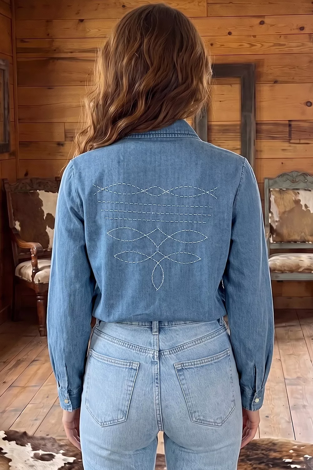 Long Sleeve Collared Neck Denim Shirt, image 2