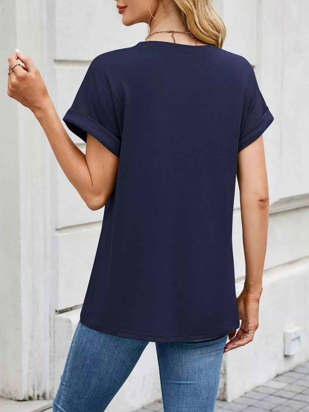 Casual Rolled Sleeve Solid Color T-Shirt, image 21