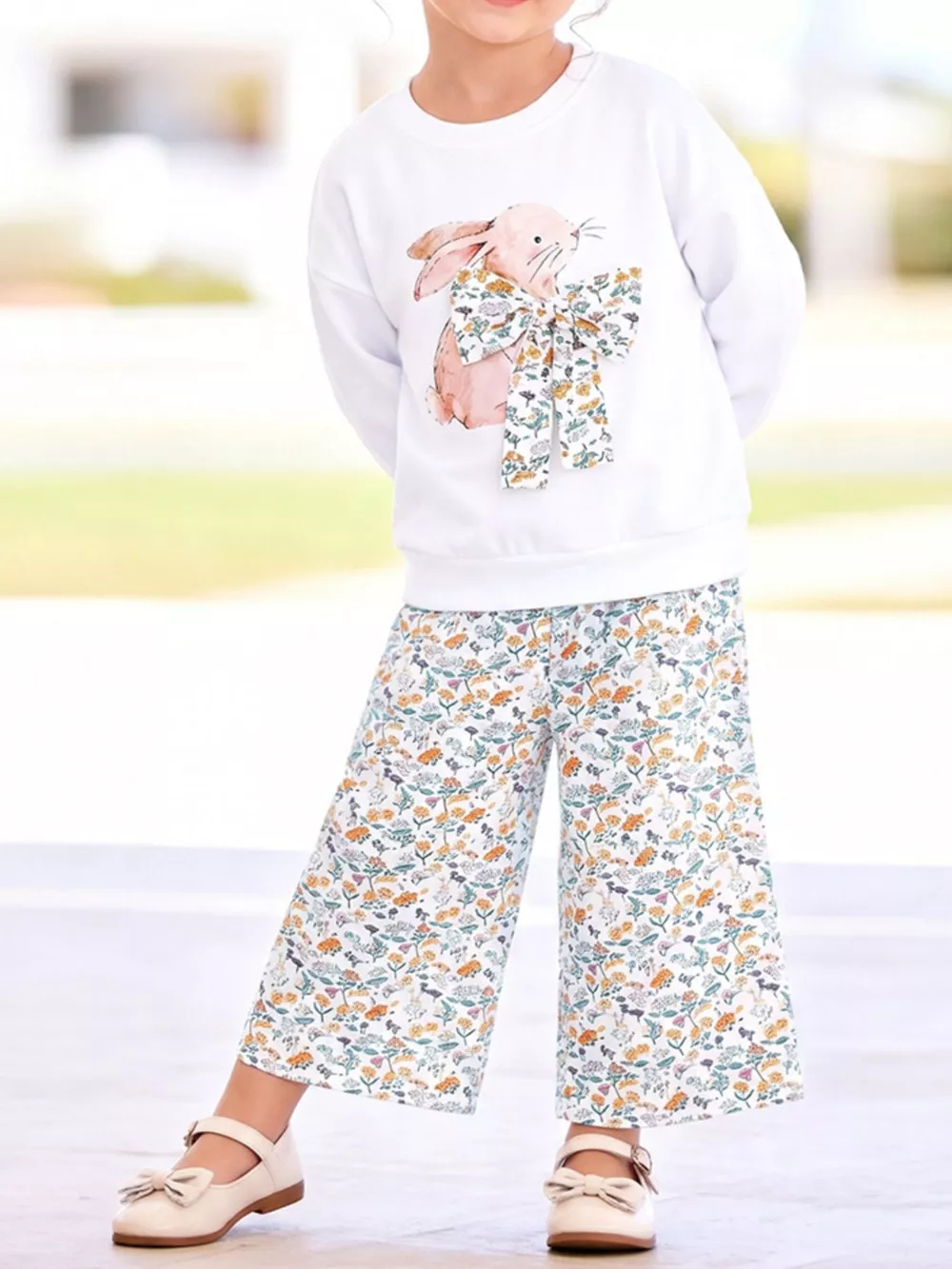 Children's Bunny Graphic Sweatshirt and Floral Wide-Leg Pant Set