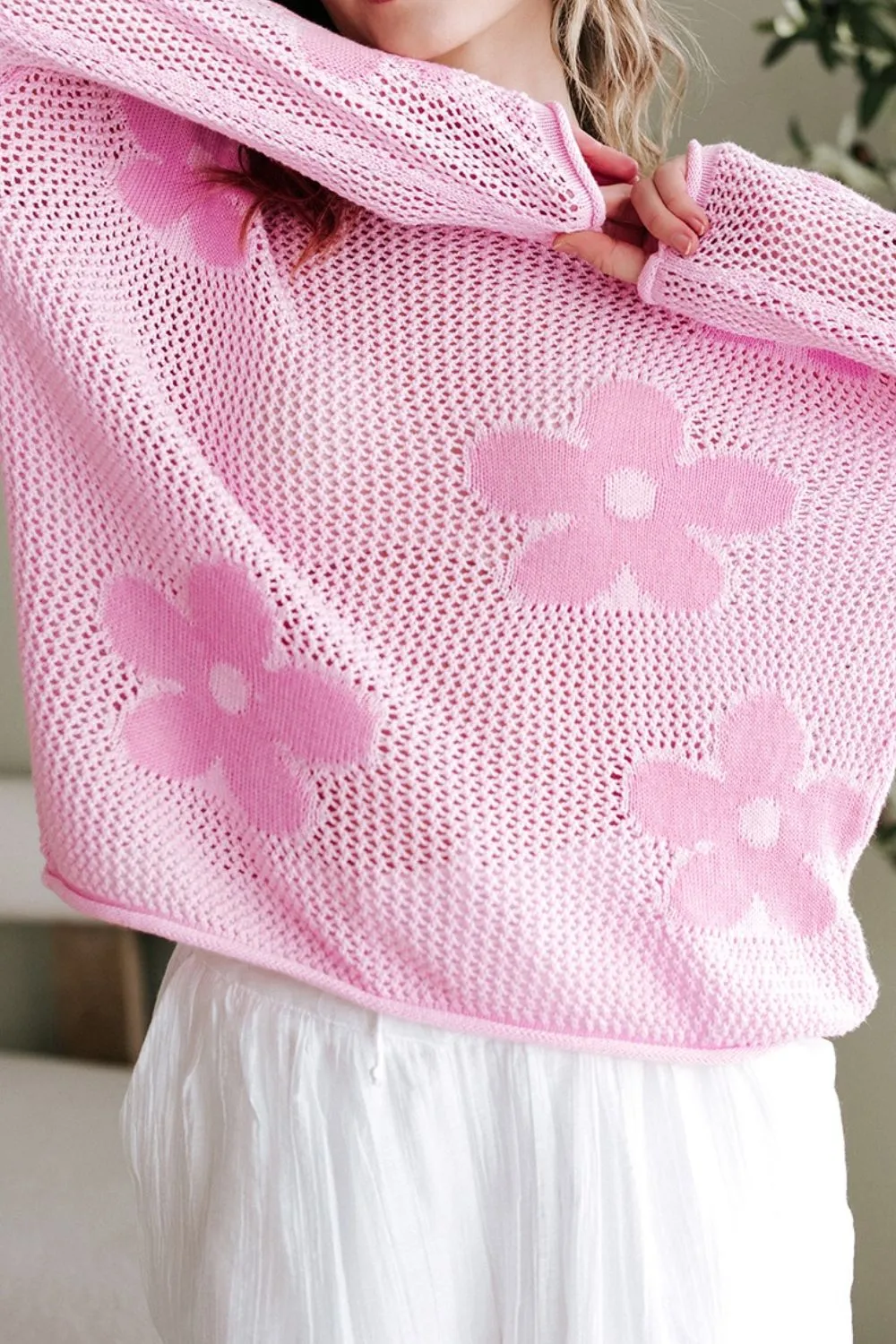 Openwork Round Neck Floral Knit Cover Up, image 13