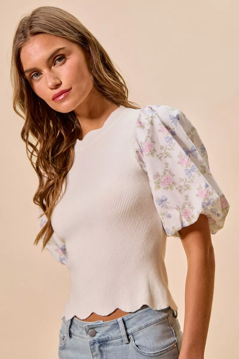 Floral Cotton Contrast Sleeves Scallop Sweater Top, image 2