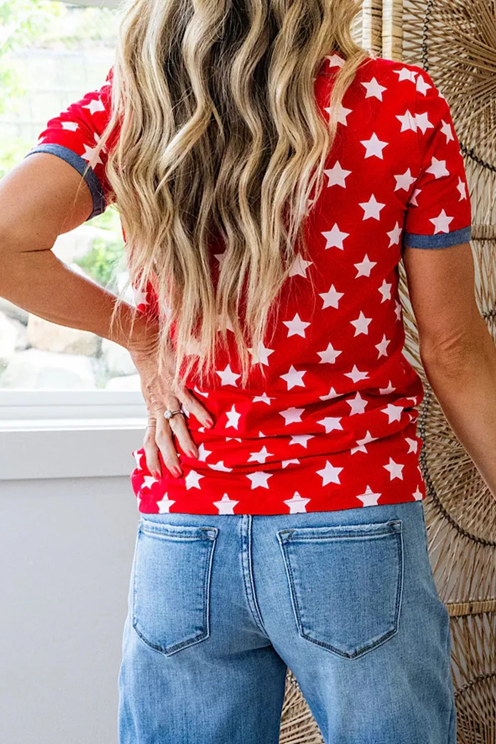 Stars Print Colorblock Binding Tape Collar Cuff Viscose Tunic Top, image 3