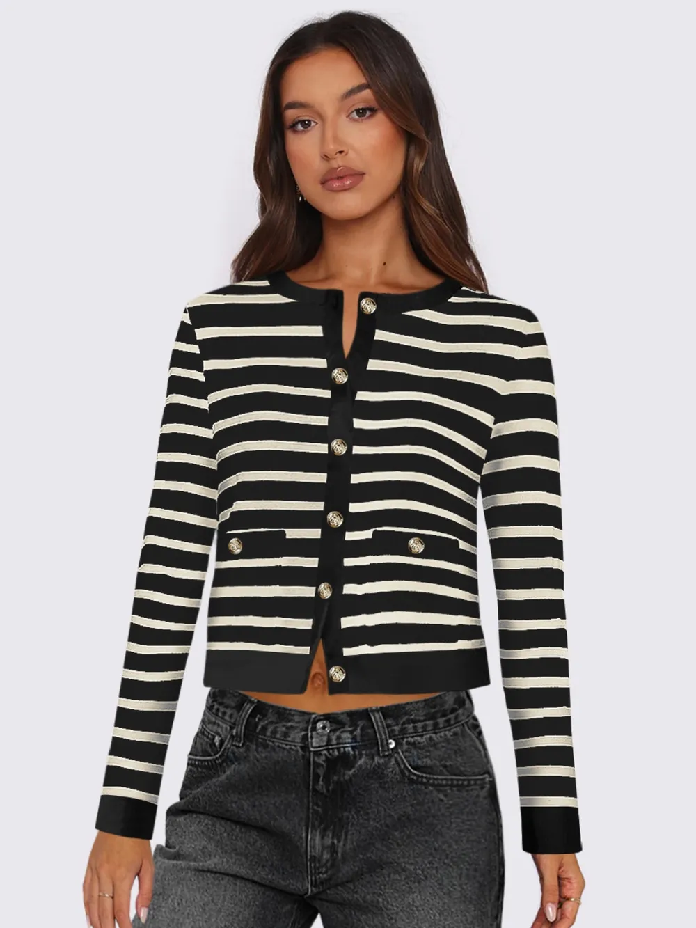 Striped Round Neck Button Up Long Sleeve Cardigan, image 5