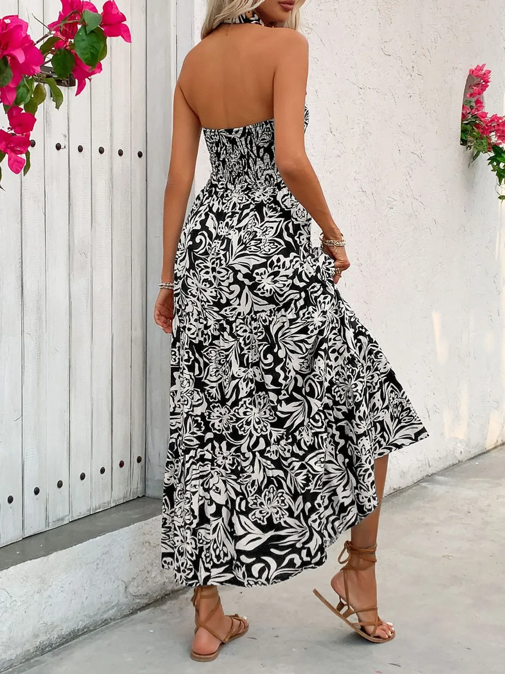 Backless Smocked Printed Sleeveless Midi Dress, image 5