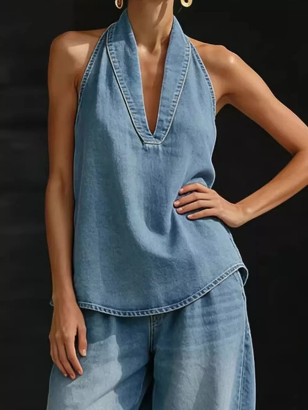 Full Size Halter Neck Top and Wide Leg Pants Plus Size, image 4