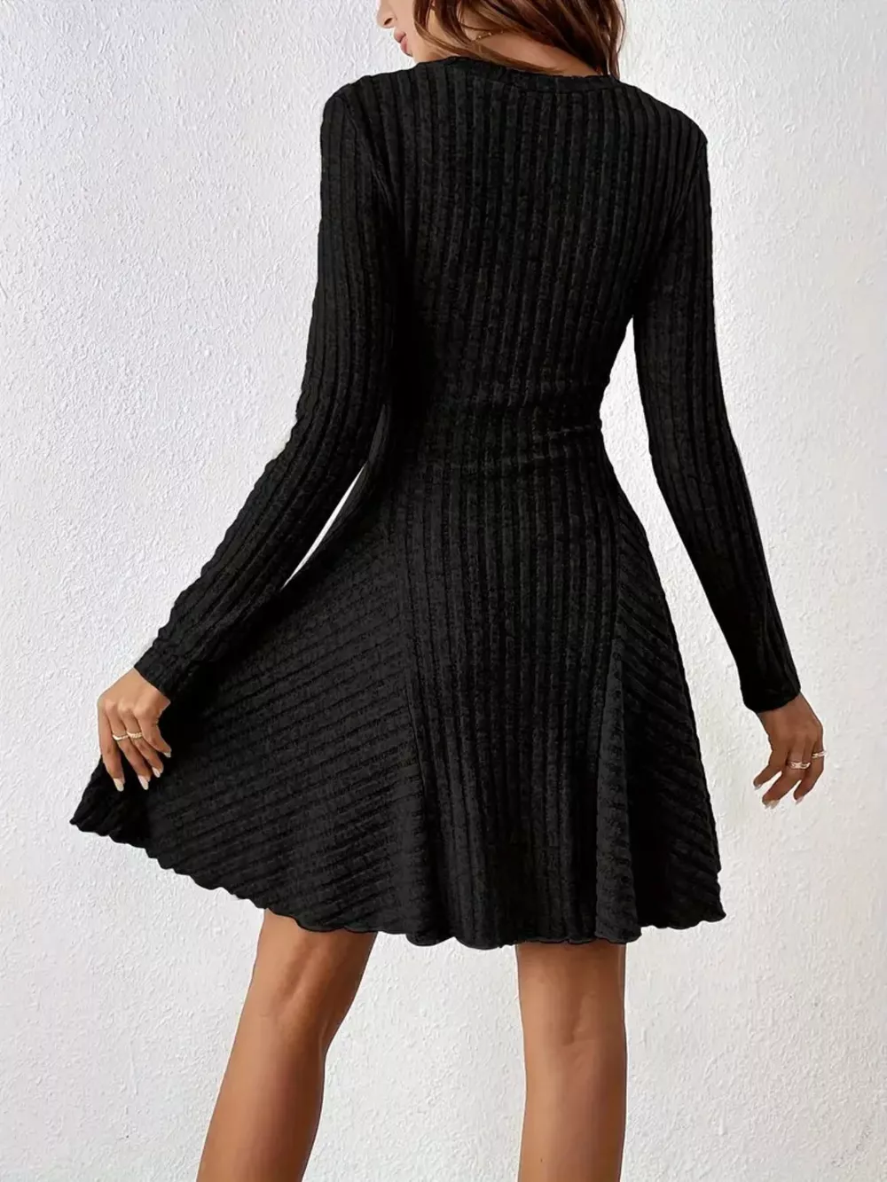 Ribbed Knit Long Sleeve A-Line Dress, image 5