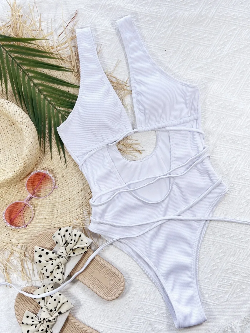 Ribbed Lace Up One-Piece Swimsuit, image 5