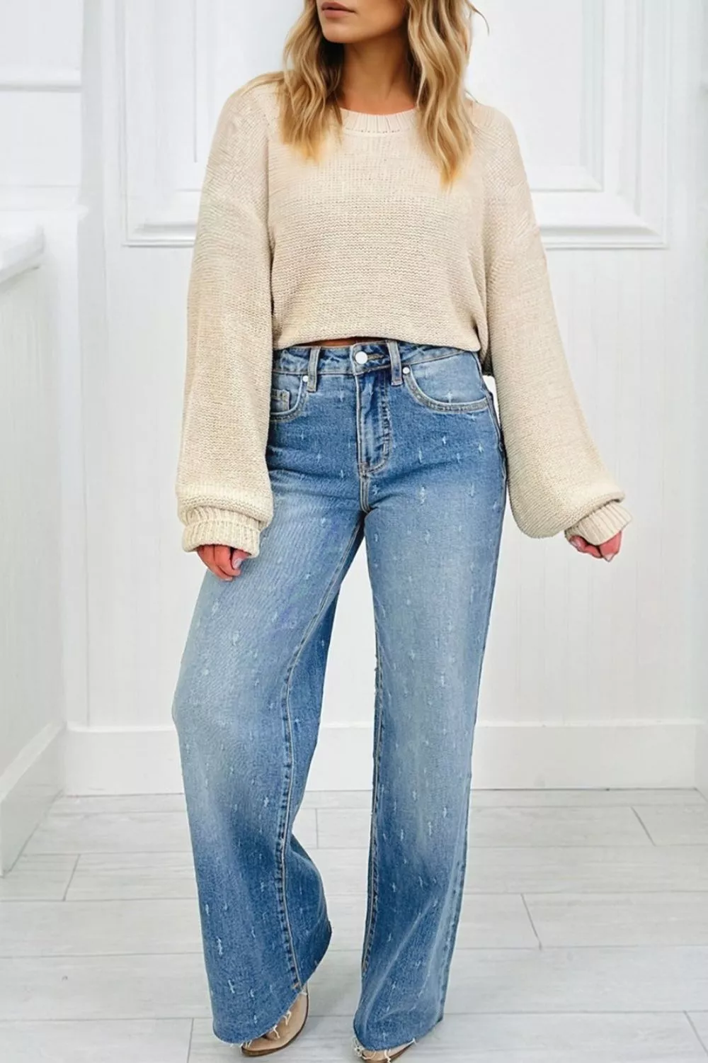 Distressed Detail Tummy Control Raw Hem Jeans, image 3
