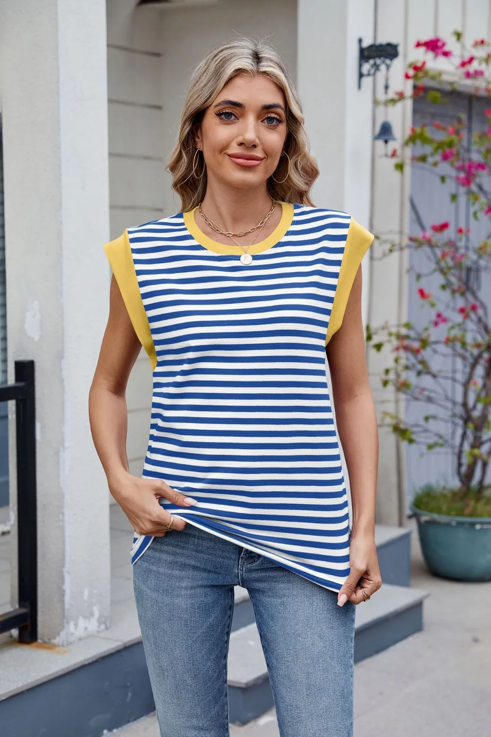 Contrast Striped Round Neck T-Shirt, image 14