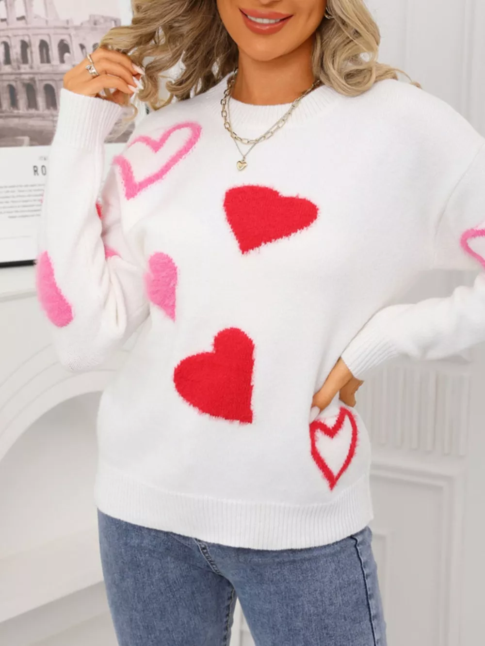 Valentine's Day Heart Pattern Knit Sweater, image 6