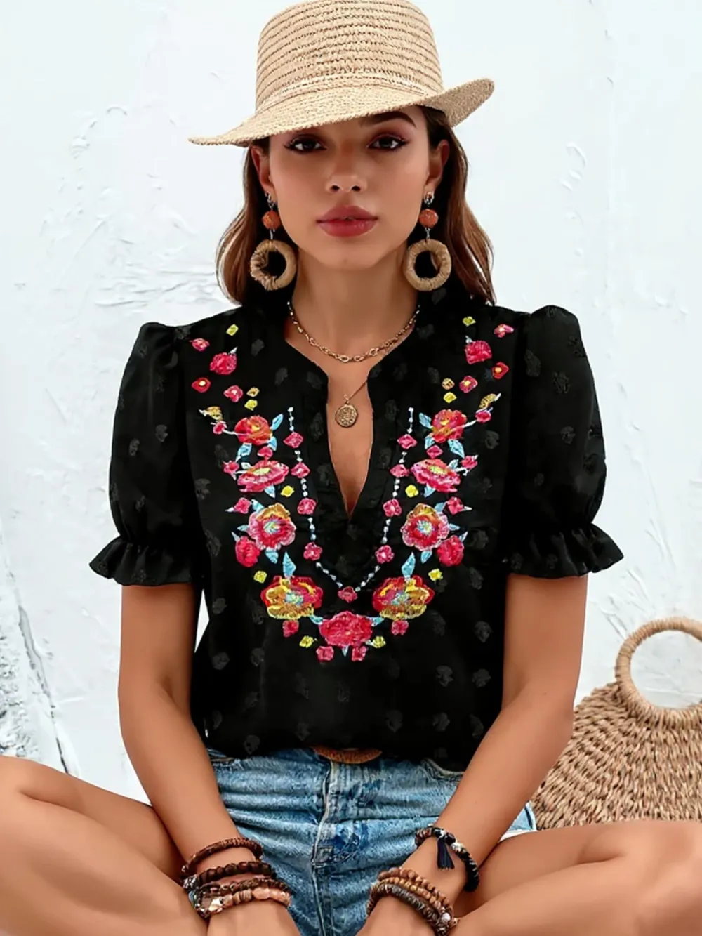 Floral Embroidered Puff Sleeve Blouse