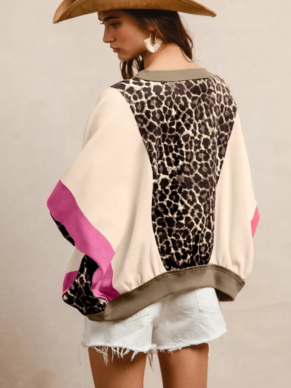 Leopard Print Color Block Round Neck Top, image 2