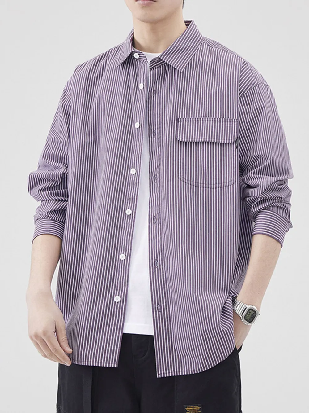 Men's Plus Size Striped Button Up Long Sleeve Shirt, image 10