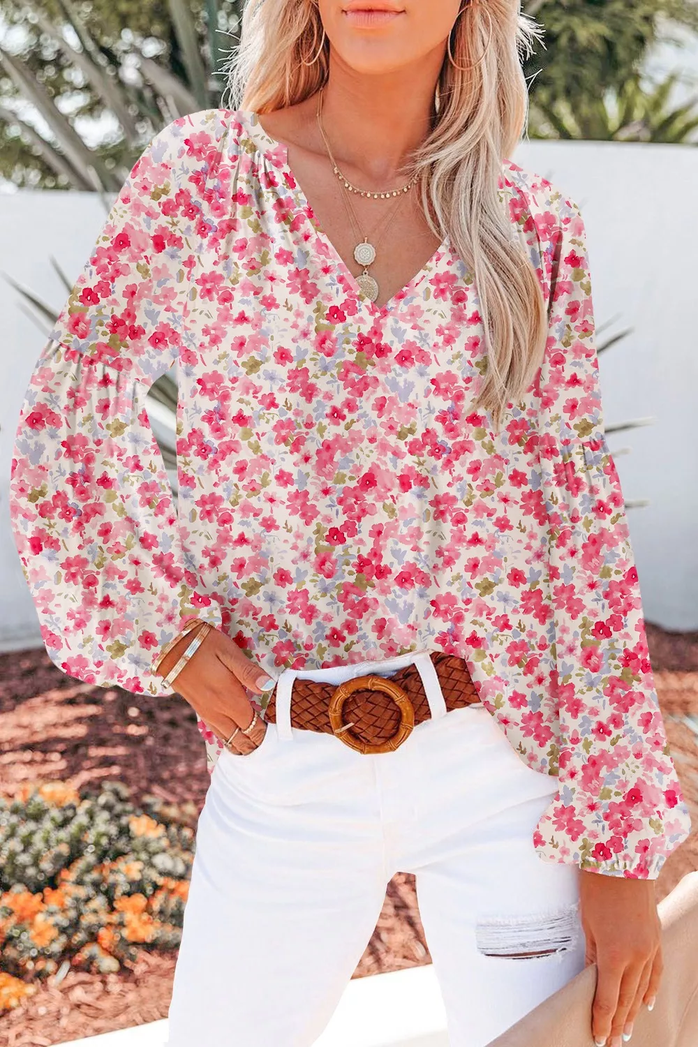 Printed Notched Long Sleeve Blouse