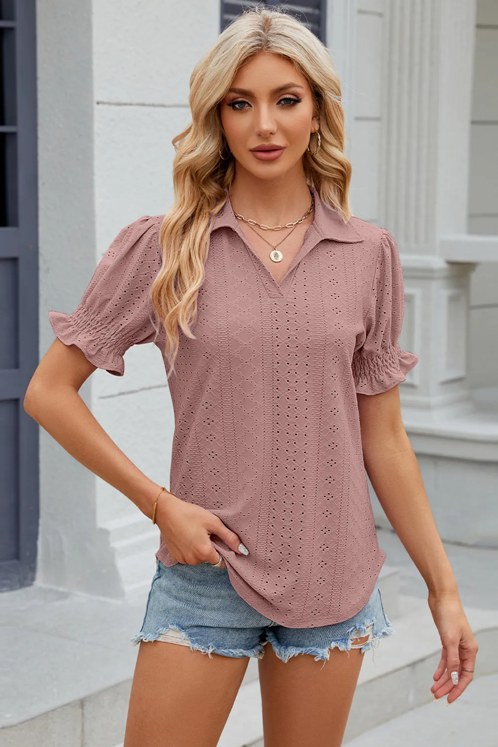 Eyelet Johnny Collar Short Sleeve Blouse, image 15
