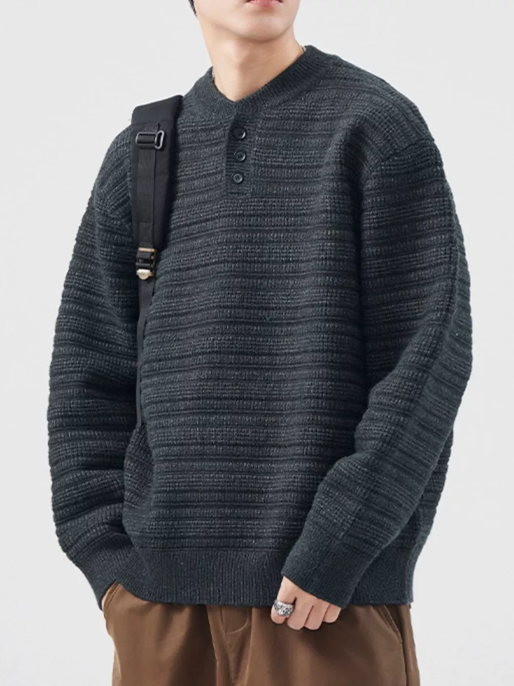 Men's Plus Size Button Detail Long Sleeve Sweater, image 7
