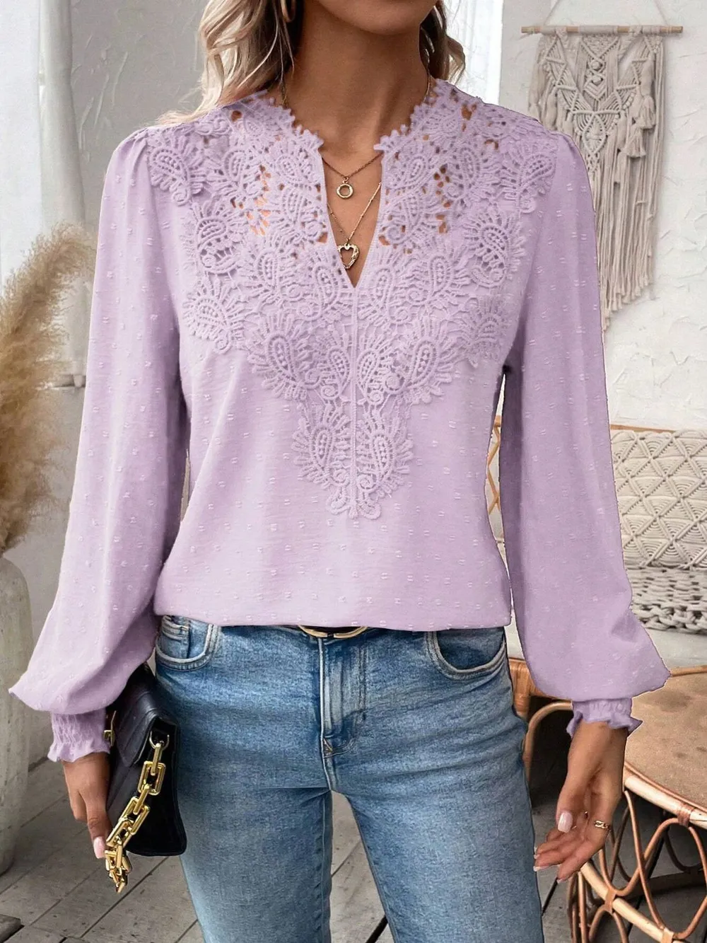 Swiss Dot Lace Detail Notched Long Sleeve Blouse, image 19