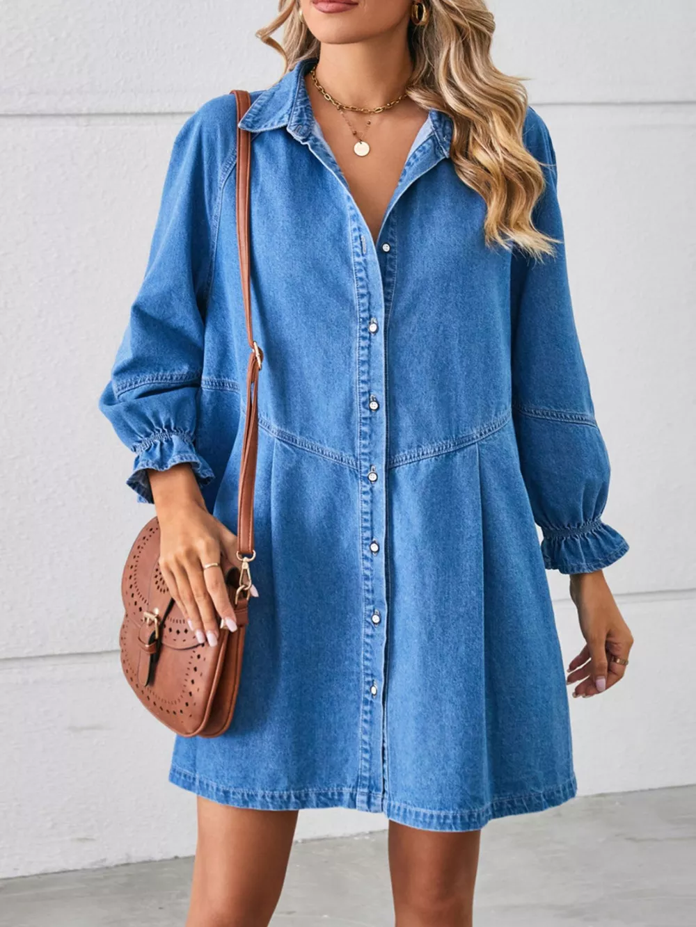 Button-Front Ruffle Cuff Denim Dress, image 4
