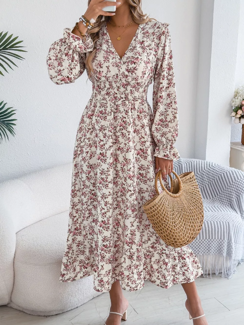 Ruffled Floral V-Neck Flounce Sleeve Dress, image 13