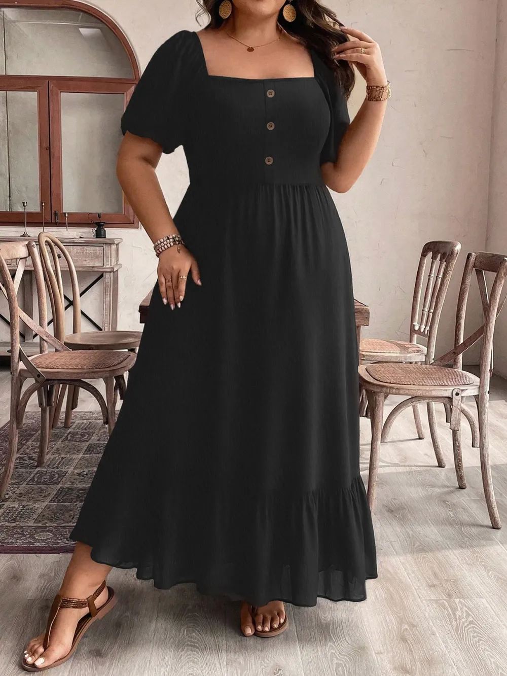 Plus Size Ruffled Hem Square Neck Short Sleeve Dress, image 5