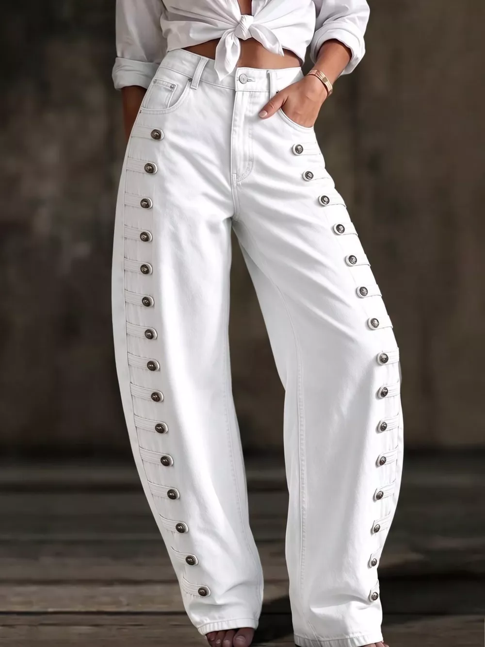 Decorative Button Wide Leg Jeans, image 12