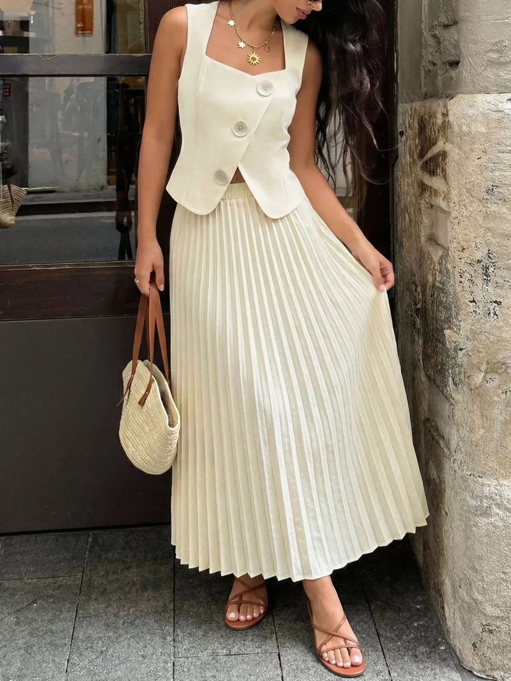 Sleeveless Vest and Pleated Maxi Skirt Set, image 5