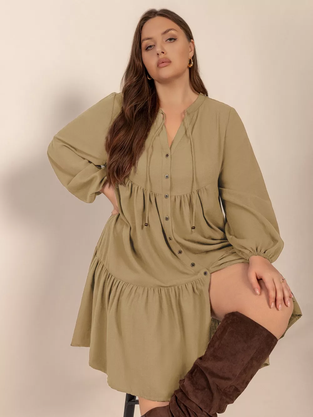 Plus Size Tie Neck Balloon Sleeve Dress, image 4