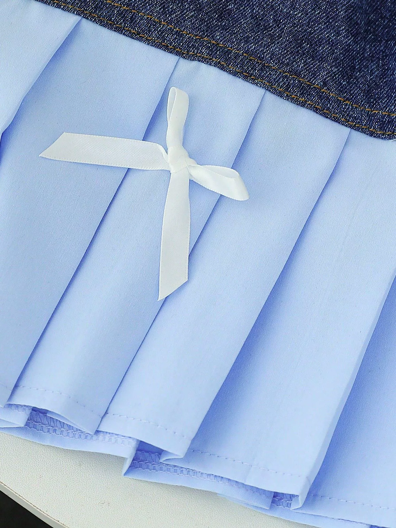 Children's Ruffled Top & Denim Patchwork Pleated Skirt Set, image 3