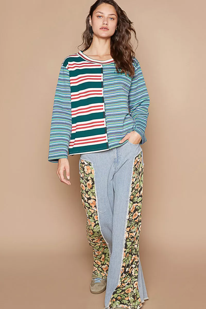 Color Block Striped Round Neck Long Sleeve T-Shirt, image 5