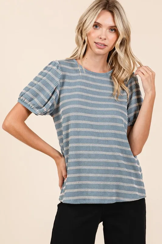 Contrast Striped Short Puff Sleeve Knit Top, image 2