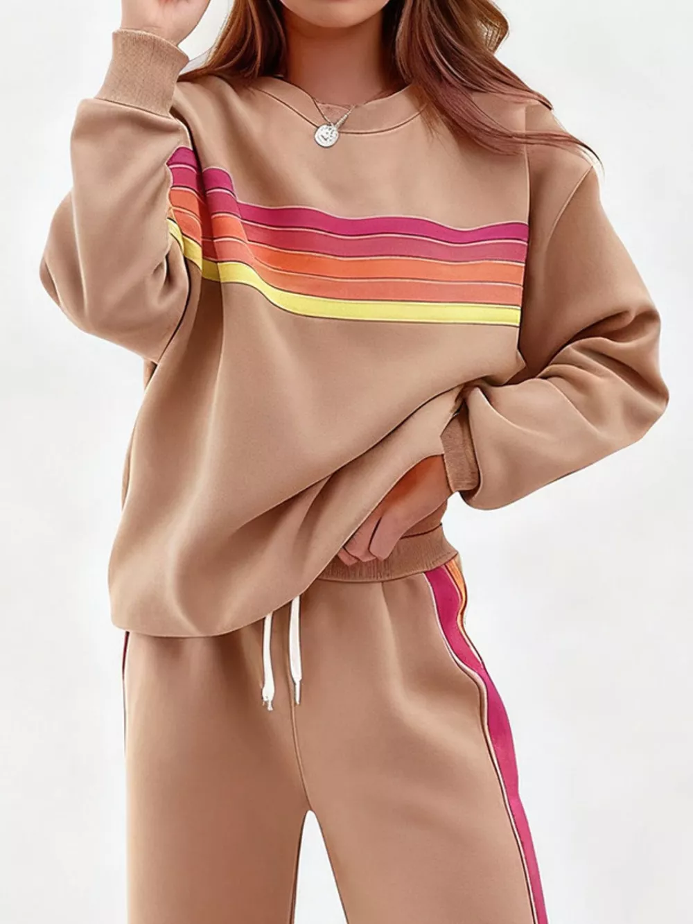 Striped Round Neck Sweatshirt and Pants Set, image 12