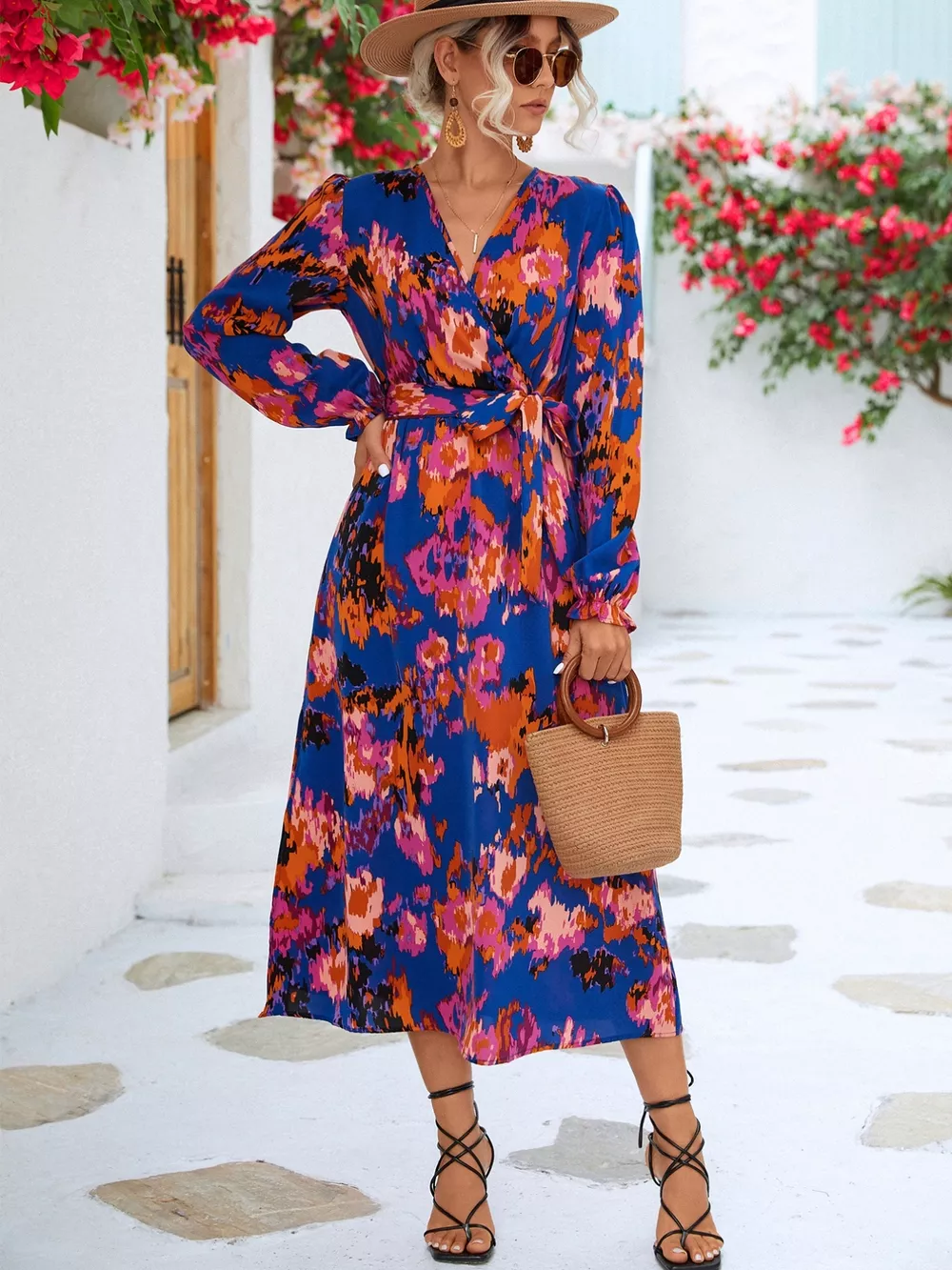 Printed Surplice Long Sleeve Midi Dress, image 5