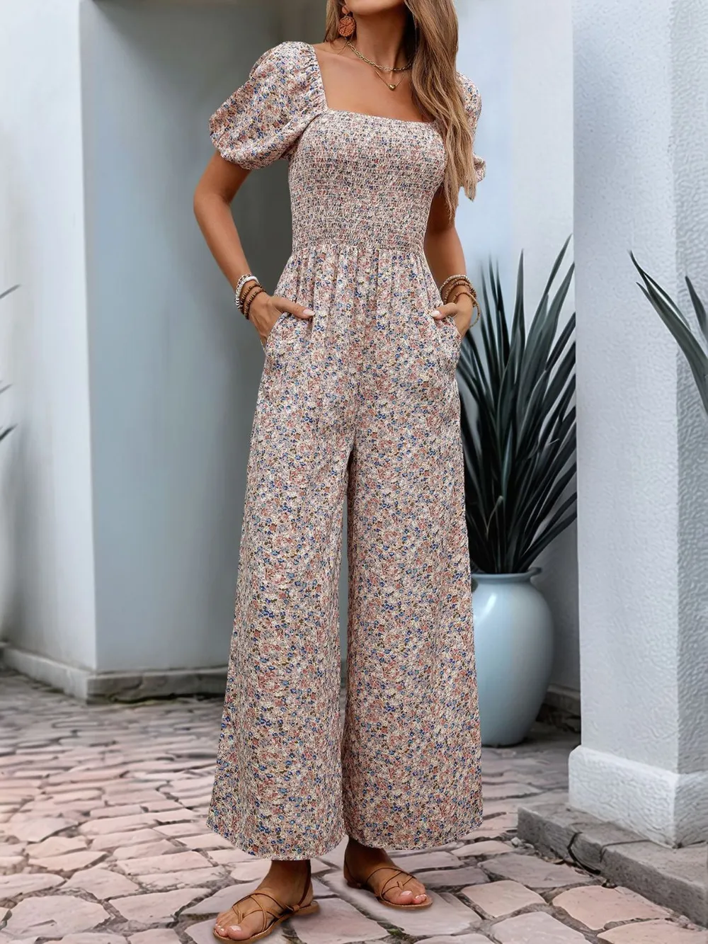 Ditsy Floral Smocked Square Neck Puff Sleeve Jumpsuit, image 8