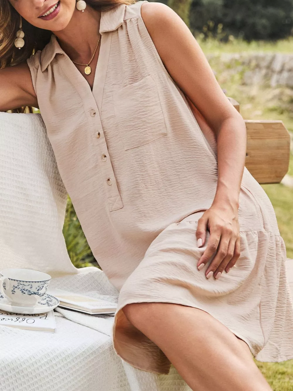 Sleeveless Button Front Tiered V Neck Textured Mini Dress, image 6