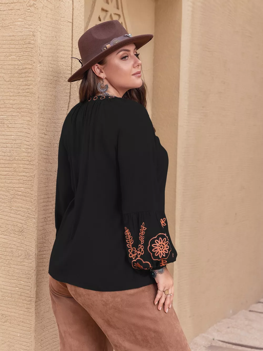 Plus Size Boho Embroidered Long Sleeve Blouse, image 4