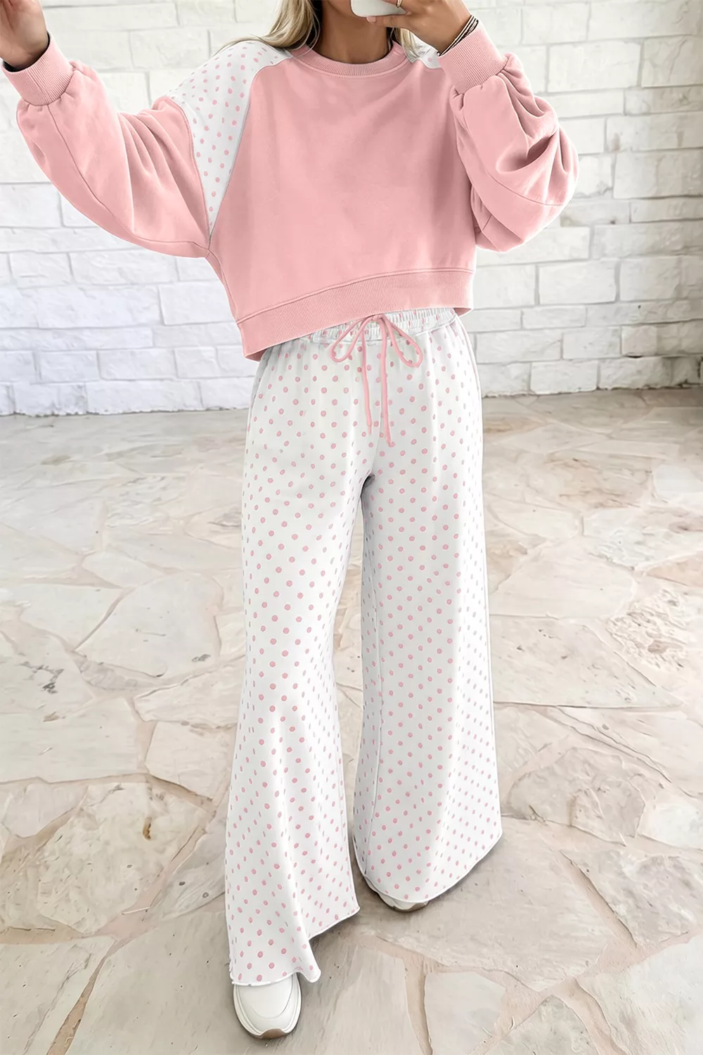Polka Dot Cropped Sweatshirt and Wide-Leg Pants Set, image 4