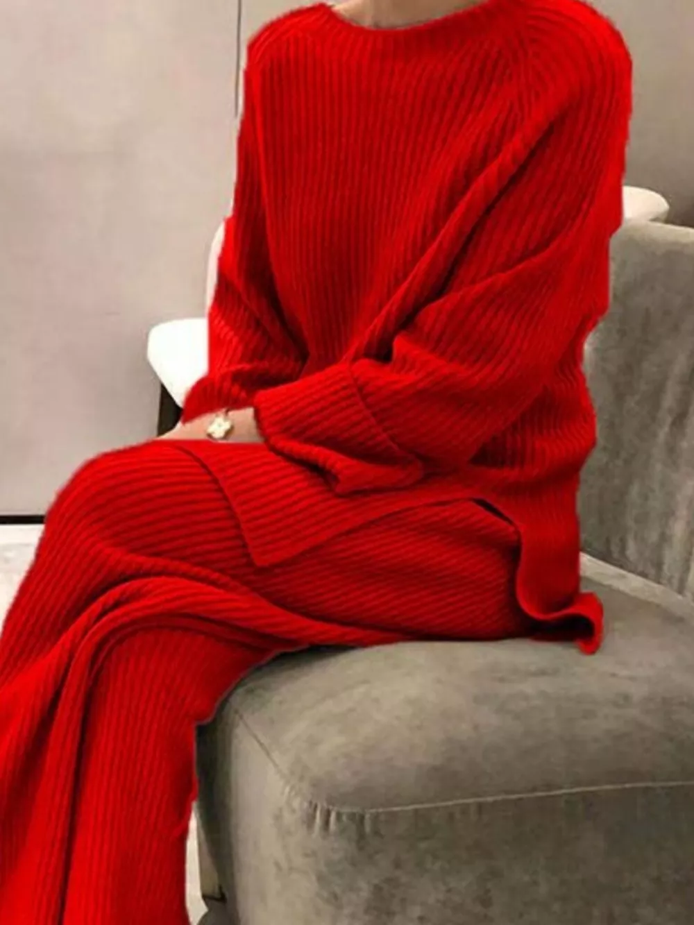 Full Size Ribbed Knit Relaxed Fit Top and Pants Sweater Set Plus Size, image 11