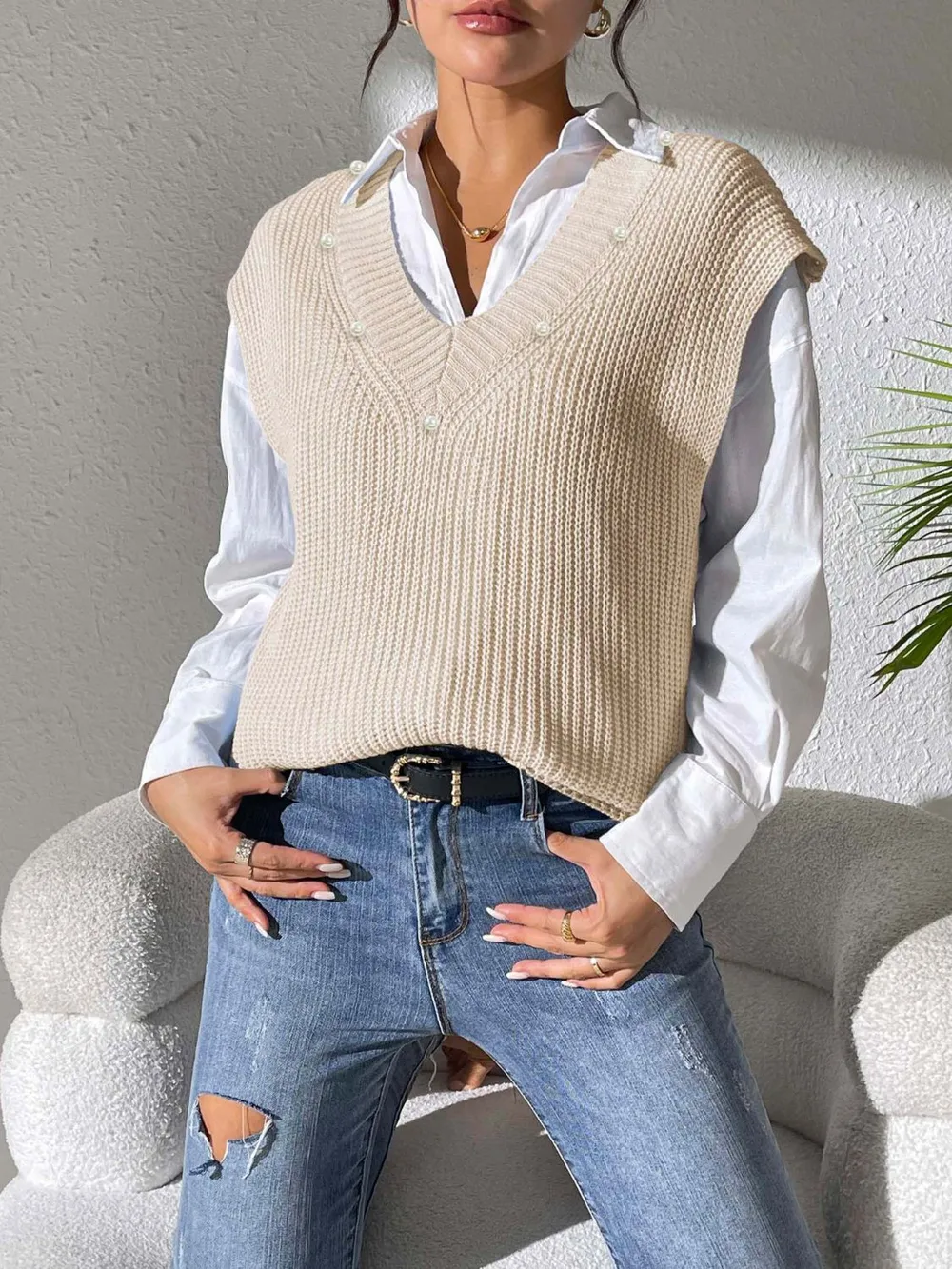 Pearl Trim V-Neck Sweater Vest, image 15
