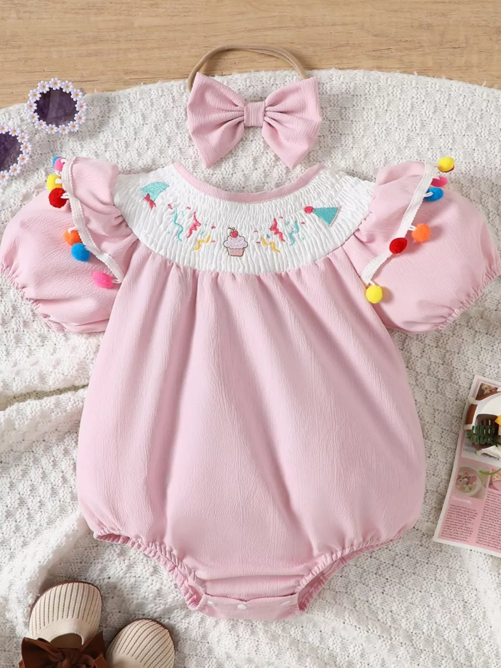 Children's Embroidered Smocked One-Piece with Headband, image 2