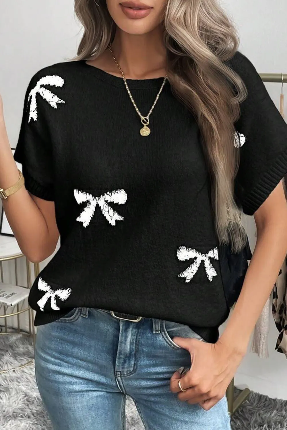 Bow Pattern Knit Short Sleeve Sweater, image 8