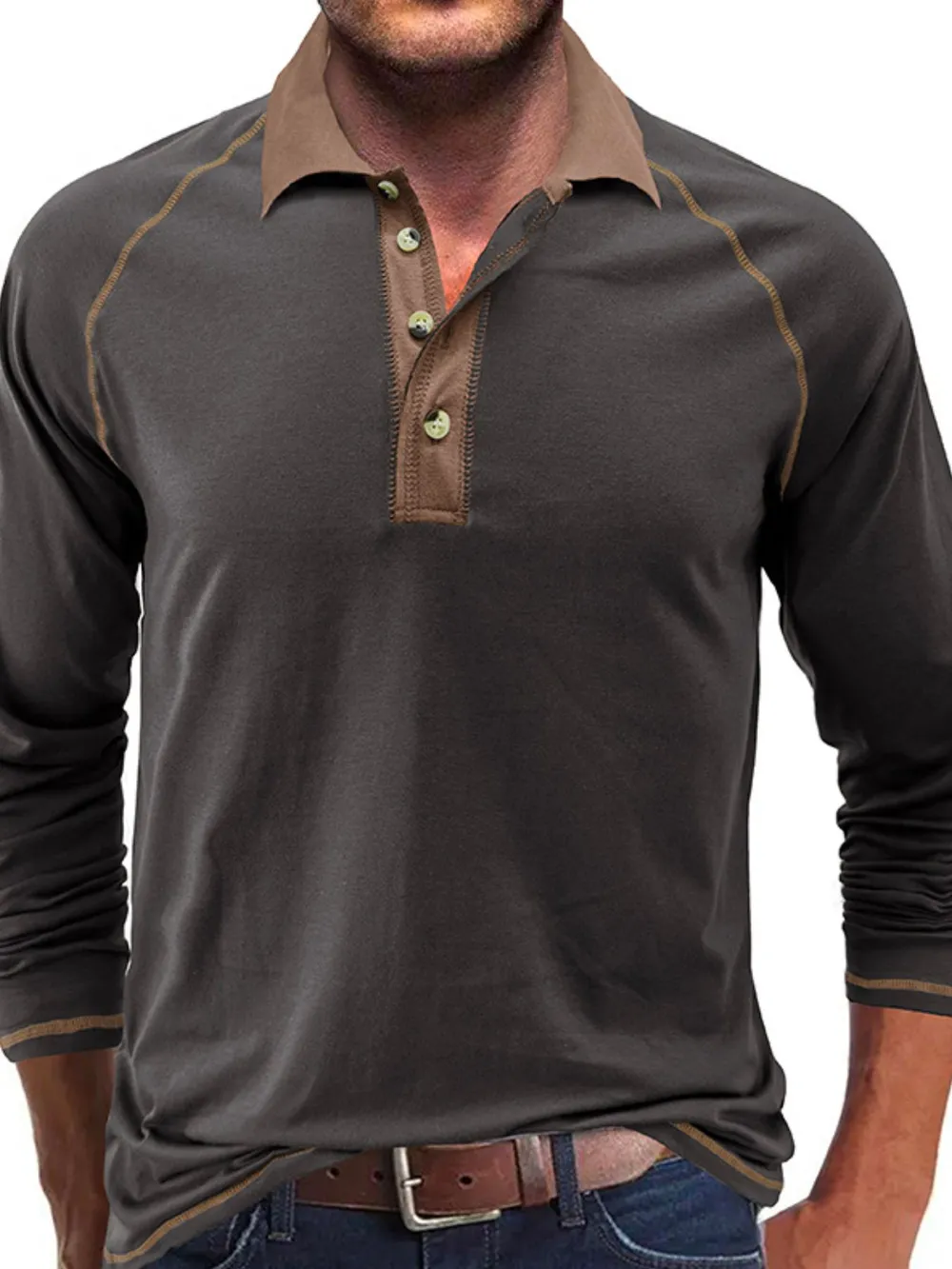 Men's Contrast Collar Long Sleeve Polo Shirt, image 9