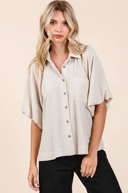 Airflow Short Bubble Sleeve Button Down Shirt, image 3