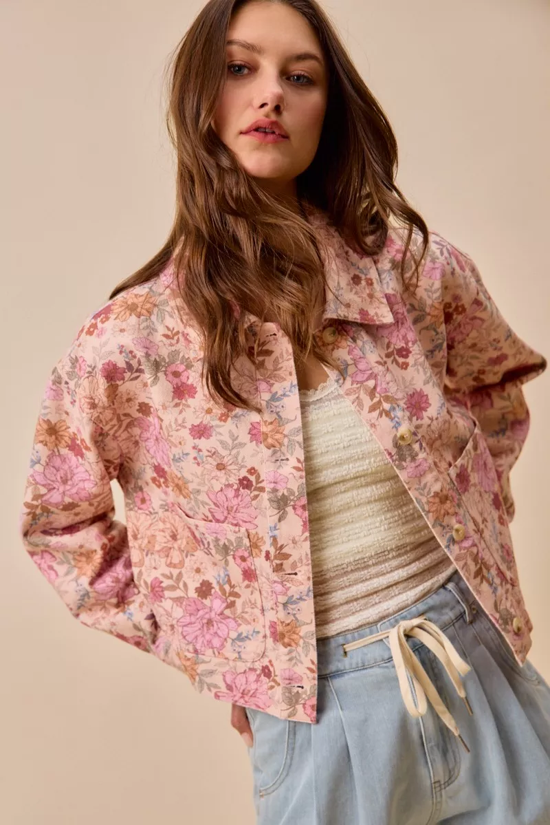 Floral Print Cotton Twill Button Down Barn Jacket, image 3