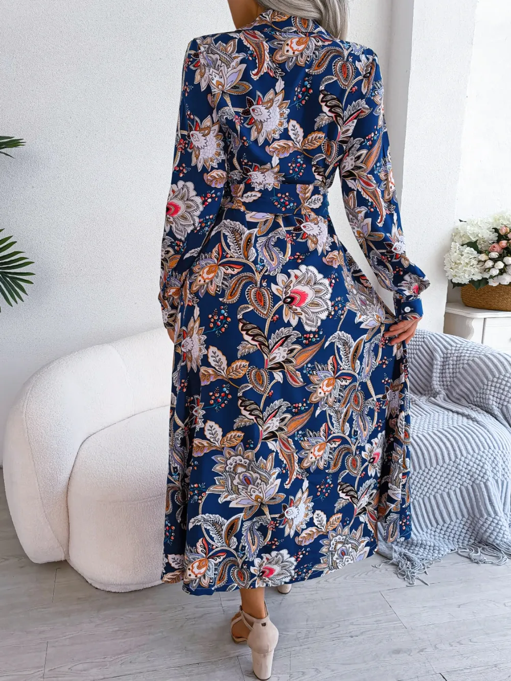 Tied Printed Long Sleeve Midi Dress, image 3