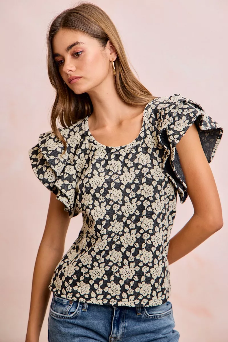 BiBi Floral Jacquard Ruffle Sleeves Knit Top, image 14