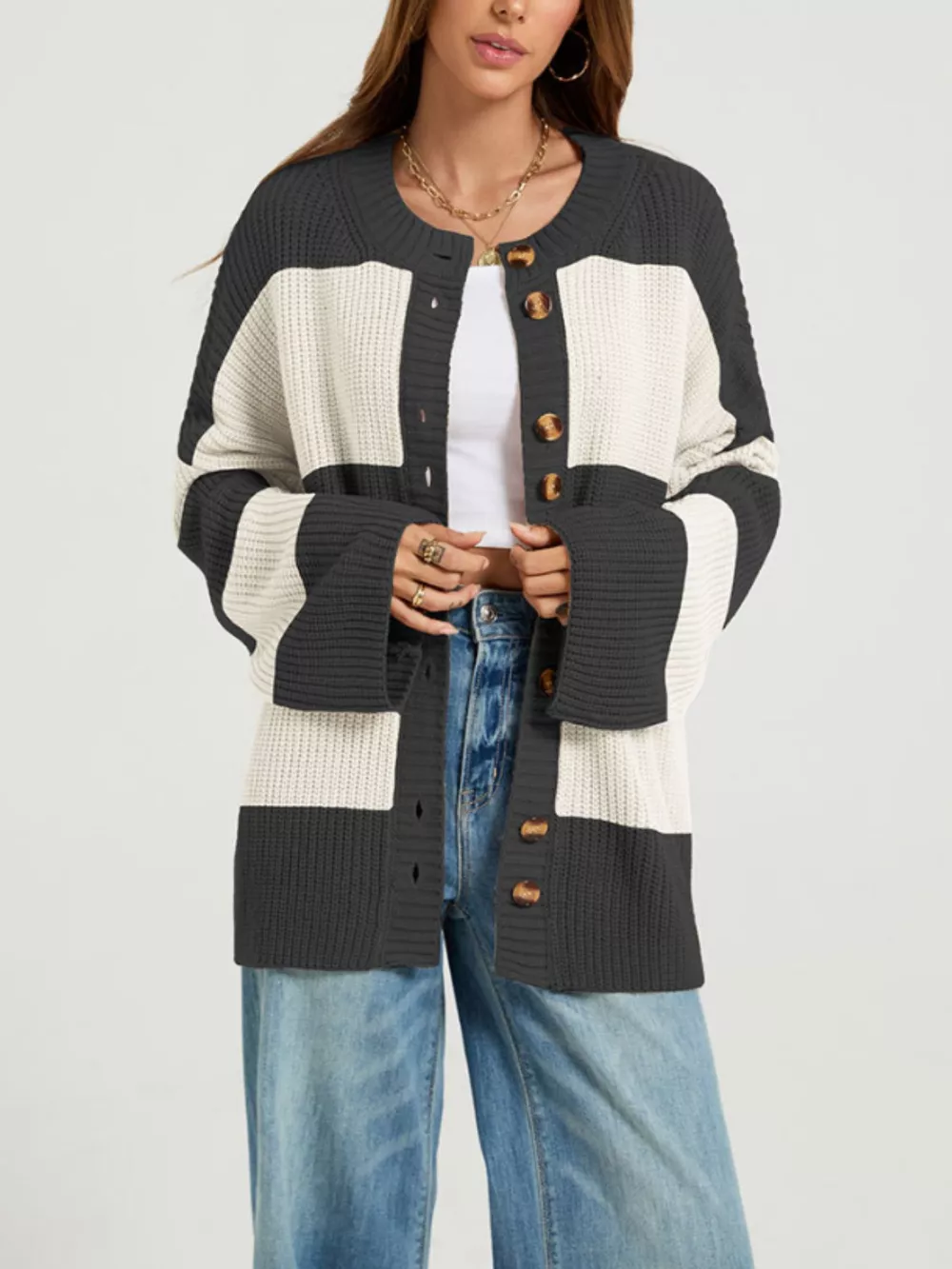 Color Block Striped Button-Up Cardigan, image 6
